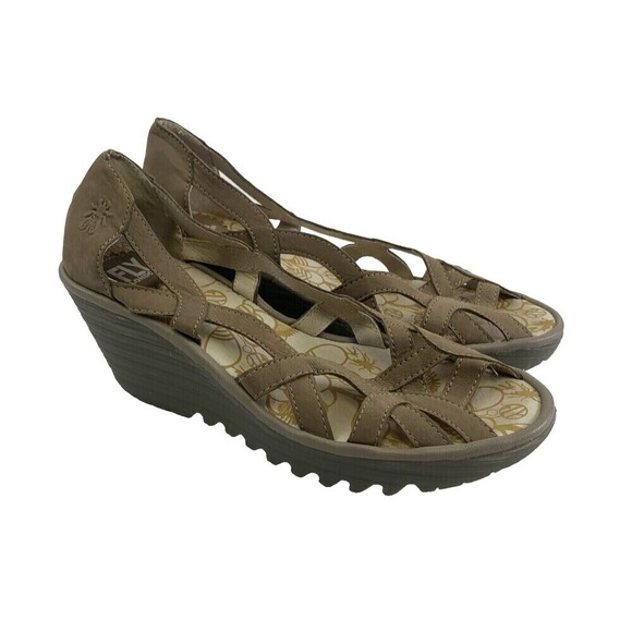 Fly London Yadi Wedge Taupe Suede Slip On Open Toe Strappy Sandal Women 40 9-9.5 - Picture 1 of 13